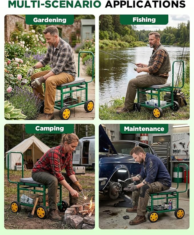 Saker Rolling Garden Cart with Seat &amp Wheels - 15.7'' EVA Padded Rolling Stool 500 lb Steel Frame Large Storage Basket - Garden Wagon Workseat for Patio Lawn Yard (Luxury Version)