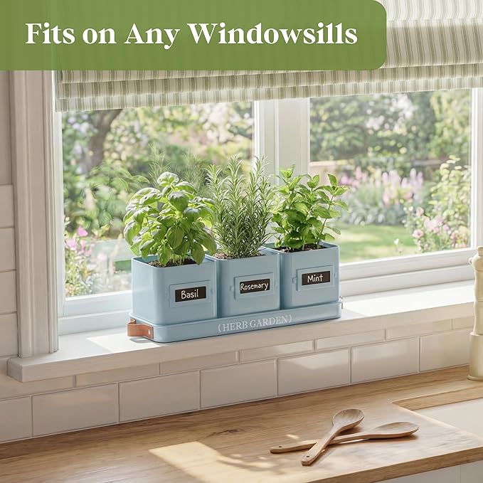 PERFNIQUE Indoor Herb Garden Herb Garden Planter Set with Tray Farmhouse Indoor Plant Pots Windowsill Herb Garden with Drainage(Planter only) for Indoor/Outdoor Window Pots(Sky Blue)
