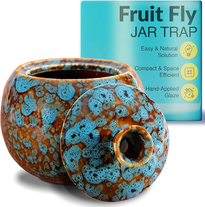 Elevated Lifestyle Fruit Fly Jar Trap - Decorative and Effective Ceramic Fruit Fly Catcher Kid and Pet Friendly Fly Trap Indoor Ideal for Kitchens Restaurants and Homes - (Marbled Turquoise)