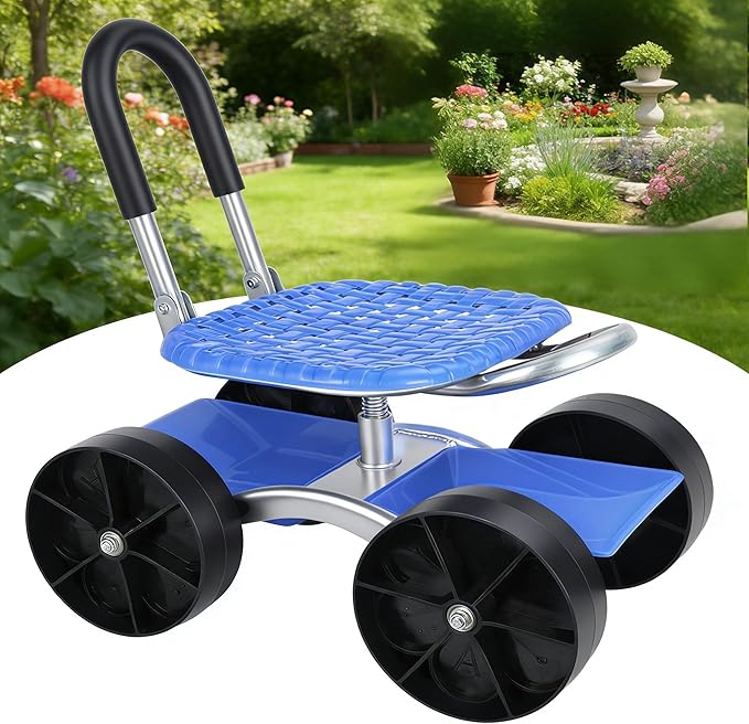 Rolling Garden Work Seat with Flat Wheels Foldable Lazy Utility Garden Rolling Stool Picking Rotary Tool Cart with Storage Shelf Adjustable Height (Blue)
