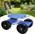 Rolling Garden Work Seat with Flat Wheels Foldable Lazy Utility Garden Rolling Stool Picking Rotary Tool Cart with Storage Shelf Adjustable Height (Blue)