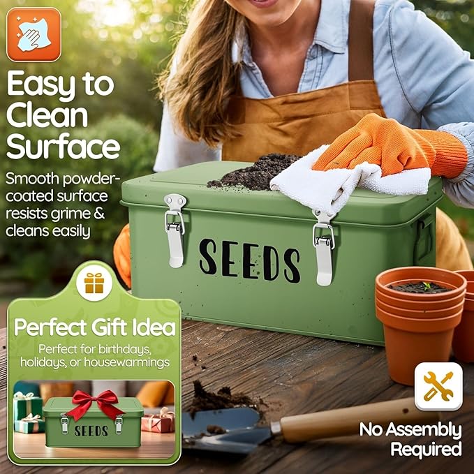 Flexzion Seed Saving Box - Metal Seed Storage Organizer Box with Lid 4 Spacious Compartments Storage Bin for Garden Tools &amp More with Safety Locks Green