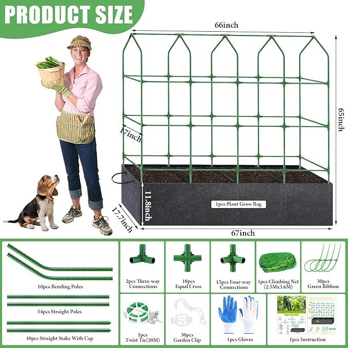 66x65x18 Inch Cucumber Trellis for Raised Bed - with 61 Gallon Grow Bags Garden Trellis for Climbing Plants Outdoor with Climbing Net and Plant Support for Cucumber Tomato Vegetable Grape Vine