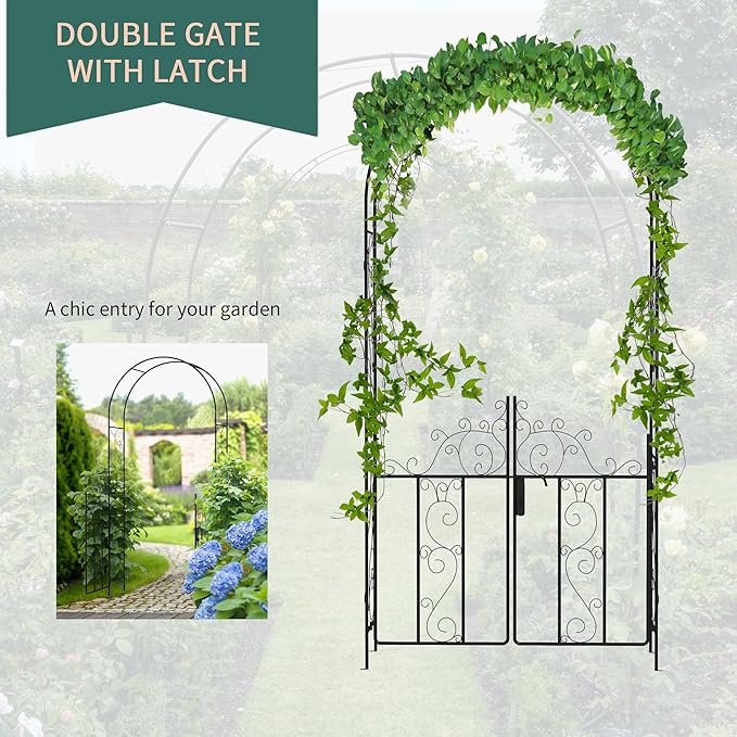 7.5' Metal Garden Arch with Gate Garden Arbor Trellis for Climbing Plants Roses Vines Wedding Arch for Outdoor Garden Lawn Backyard Black
