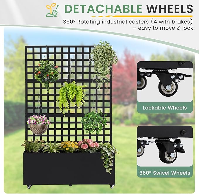 LVUYOYO Metal Raised Garden Bed Planter Box with Trellis &amp Wheels Outdoor Patio Garden Beds Flower Box with Privacy Screen &amp Drainage Holes for Climbing PlantsVegetables Vines