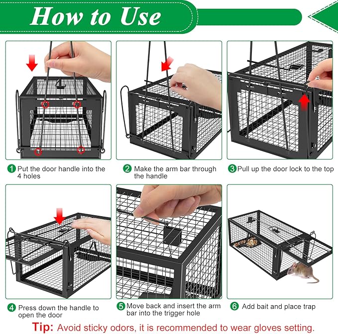 2 Packs Humane Rat Trap Outdoor Mouse Traps Indoor Use Rodent Chipmunk Traps for Small Live Animal Catch and Release - Black