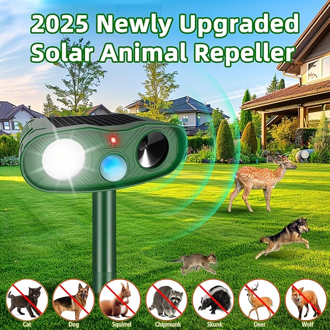 4Pack Ultrasonic Cat Repellent Outdoor Bear Repellent DevicesSolar Animal Repeller Motion Detection Rabbit Raccoon Squirrel Dog Squirrel Repellent Deterrent with LED Flash Lights for Yard