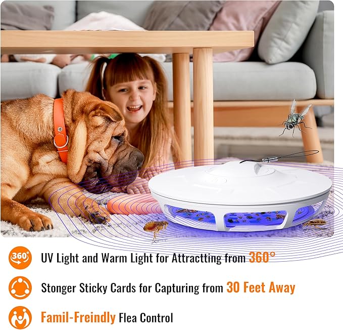 Mosalogic Electric Flea Trap and Killer for Inside Your Home Indoor Fly Light Trap-Natural and Child-Friendly Indoor Flea Control Solution for Home &amp Garage with 5 Glue Disc Refills