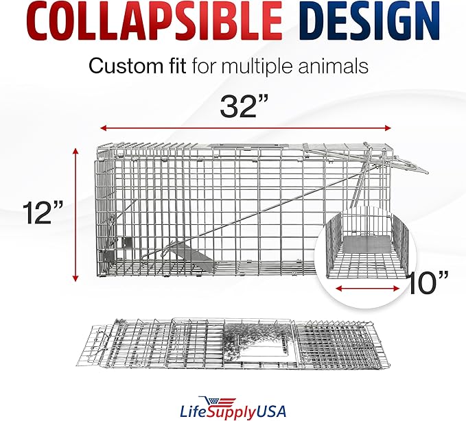 32 Humane Live Animal Trap Collapsible Heavy Duty Cage for Raccoon Possum Cat Trap for Stray Cats Armadillo Groundhog Skunk Squirrel &amp Rabbit Professional Catch &amp Release by LifeSupplyU