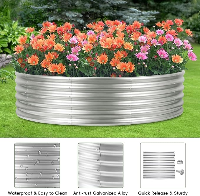 4×4×1FT Galvanized Raised Garden Bed Outdoor Steel Fire Pit Ring Flower Planter Large Round Planter Box Elevated Metal Raised Beds for Gardening Flower Bed Galvanized Tub for Vegetables Fruits