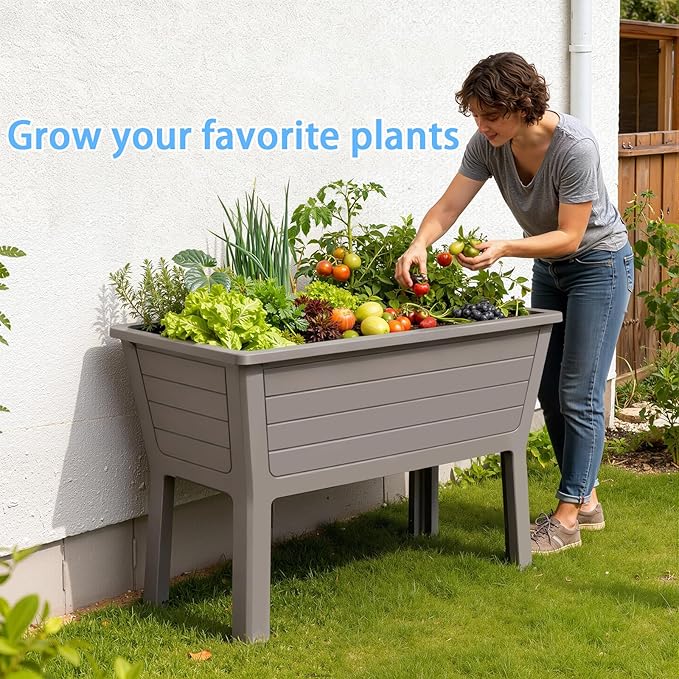 26.5 Gallon Elevated Raised Garden Bed 44 Large Planter Box Sturdy Resin Weather-Resistant Planting Container for Vegetables Herbs &amp Flowers Ergonomic Raised Bed for Patio Balcony (Taupe)