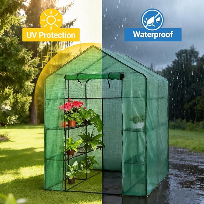Walk-in Greenhouse 56 x 56 x 77 Inch Outdoor Plant Green House with 3 Tiers 8 Shelves Heavy Duty Steel Frame &amp Thicken PE Cover Portable Greenhouses for Balcony Patio Deck Gardening Green