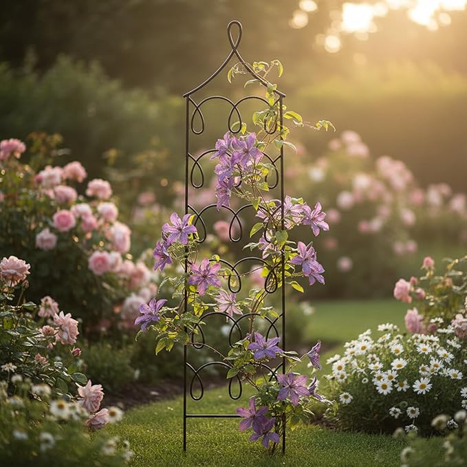 Gingerbread Cottage Wrought Iron Garden Trellis Freestanding Vertical Plant Support Storybook Cottage Style 72 H x 18 W Black Powdercoated