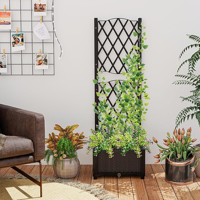 Giantex Raised Garden Bed with Trellis Garden Planter for Vine Climbing Plant Vegetable Herb Flower Outdoor Standing Garden Bed with Drainage Hole for Yard Balcony Entryway 16x16x 48