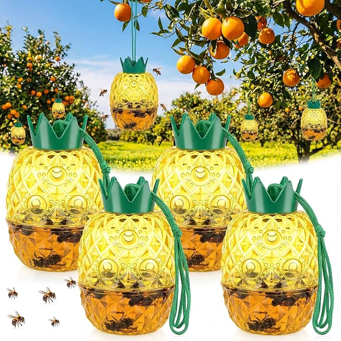 4 Pack Wasp Trap Outdoor Hanging Reusable Yellow Jacket &amp Hornet Trap with Bait Reservoir Durable Outdoor Bee Catcher for Garden Patio Orchard Pineapple Design
