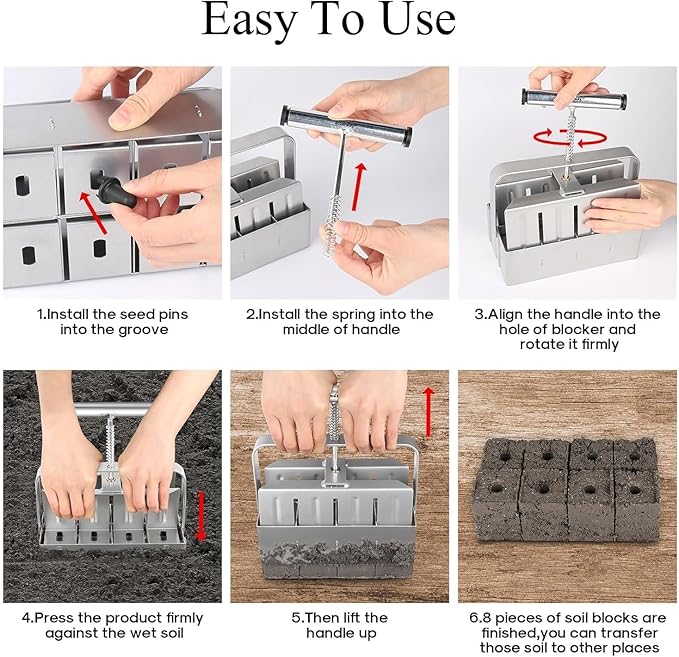 Soil Blocker with A Seedling Tray 8 Cell 2 Inch Soil Block Maker Handheld Block Maker with 3 Sizes Seed Pins Garden Blocking Tools for Seedings Cuttings Greenhouses