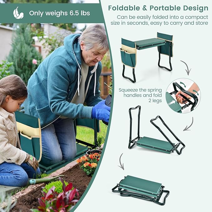 Nightcore Garden Kneeler and Seat Foldable Kneeling Bench with EVA Foam Pad Portable Garden Stool with 2 Large Tool Bags &amp Heavy-Duty Metal Frame Suitable for Gardening Fishing Camping