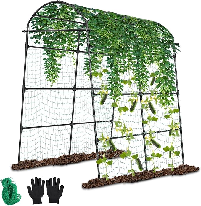 Garden Trellis Arch for Climbing Plants Outdoor - 84 x 72 Inch Cucumber Garden Arch Trellis with Netting Large Mental for Archway Walkway Arbor Flower Vegetables Plants Yard Lawn