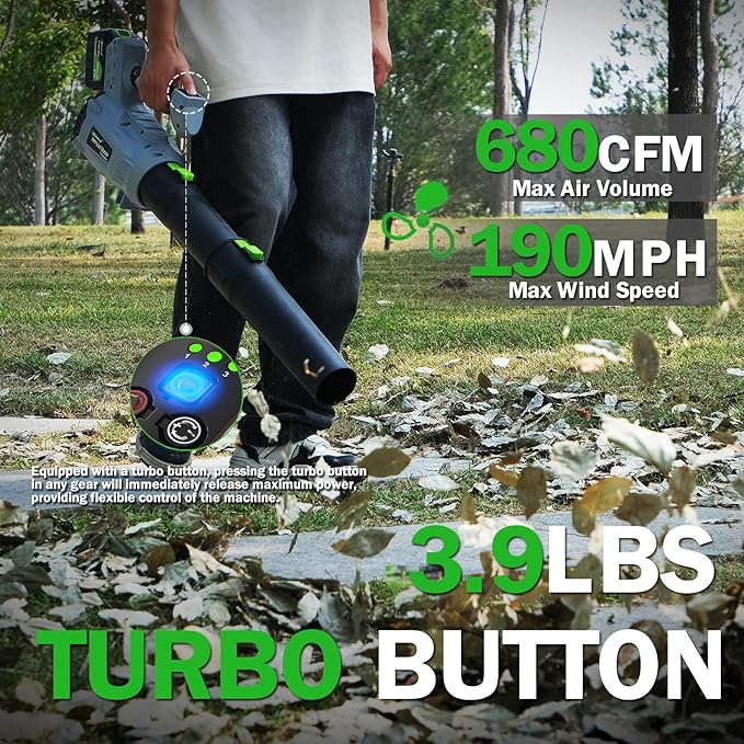 Leaf Blower Cordless2 x 21V 6.0Ah Battery and Charger with 680CFM 190MPH Electric Cordless Leaf Blower 3-Variable Speed &amp Turbo Mode Blowers for Lawn Care (5002)-F (Grey)