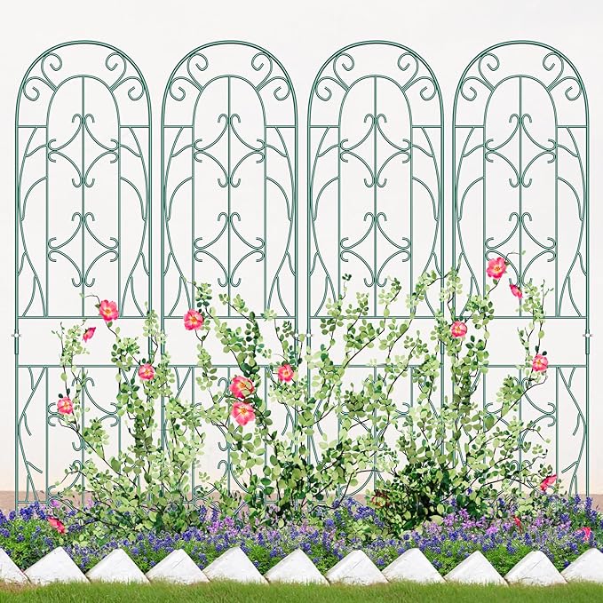 4 Pack Metal Garden Trellis for Climbing PlantsGreen Metal Garden Trellis for Vines Plant Rose Vegetable SupportLarge Decorative Outdoor Trellis