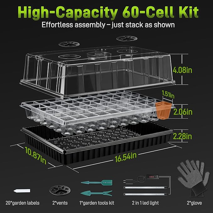 60-Cell Seed Starter Tray with Grow Light Seedling Starter Trays with 4.08 Humidity Dome Self-Watering Plant Germination TraysSeed Starter Kit for Seeds Growing (Black)