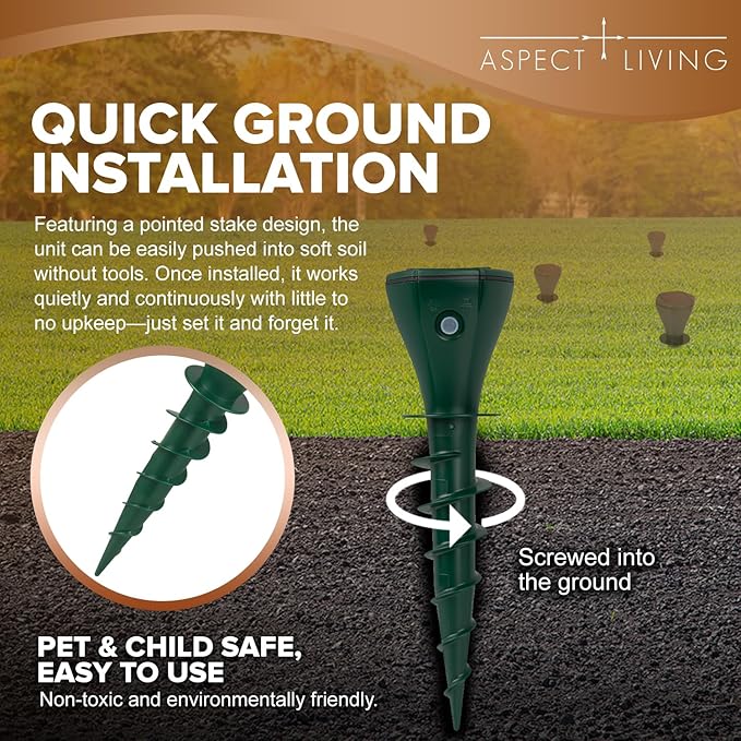 4 Pack Solar Powered Mole Repellent Ultrasonic Snake Repellent Outdoor IP65 Waterproof Gopher Vole Deterrent Rats Squirrels Groundhog Repeller for Yard Garden Lawn Safe for Kids and Pets