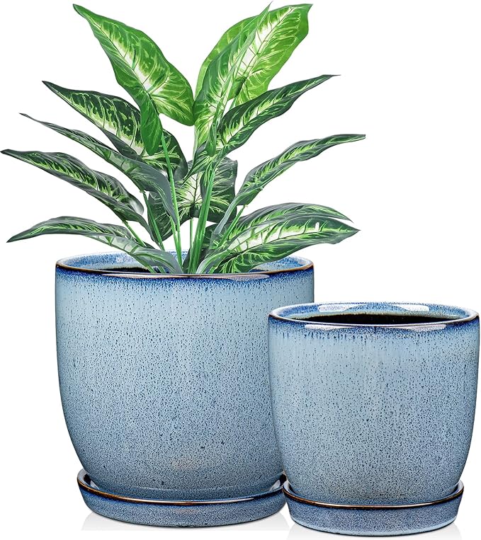 Ceramic Plant Pots 6 Inch + 5 Inch Set of 2 Flower Plants Pot with Drainage Holes and Saucers Tray Blue Planter Garden Pot for Succulent Cactus Home Decoration Gift Indoor Outdoor