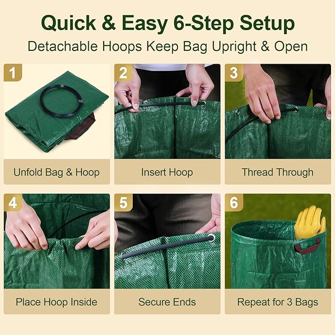 72 Gallon Reusable Yard Waste Bags (3 Pack) Heavy Duty Stand-Up Leaf &amp Lawn Bags 150 GSM Woven PP (PE Coated) Double-Layer Bottom Top &amp Bottom Reinforced Handles Cowhide Gloves Included