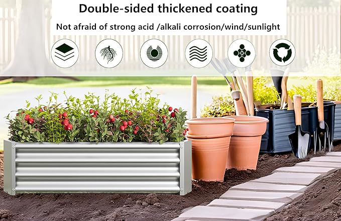 2 Pieces 4×2×1ft Raised Garden Planter Beds Outdoor Metal Planters Metal Flower Pool for Vegetables Herb Flowers Plants (Silver)