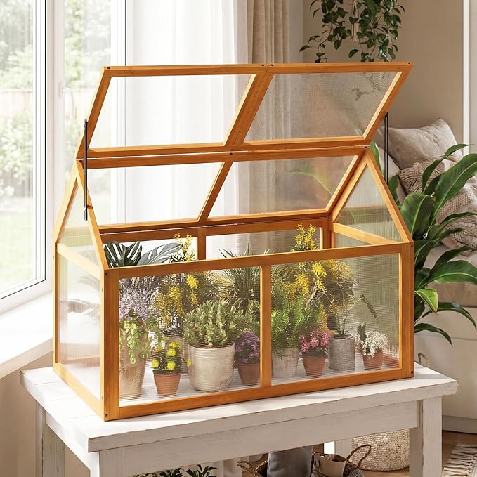 Wood Cold Frame Greenhouse Portable Raised Planter Bed Protection with Transparent Flip-top Roof Small Hot House for Balcony Garden Sunroom Indoor Outdoor (40”x21”x28”)