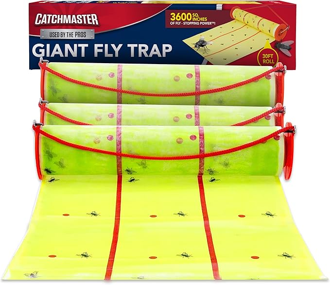 Catchmaster Giant Fly Glue Trap 3-Pack 30 Feet Each Adhesive Fly Traps Outdoor Sticky Bug Catcher Bulk Flying Insect Paper Roll Pest Control for Garage Barn Greenhouse &amp Garbage Room