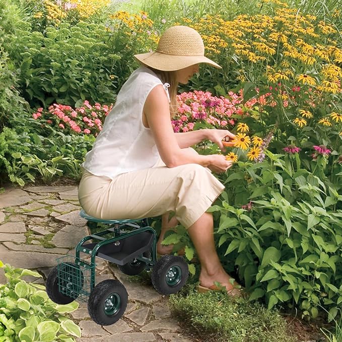 BESTHLS Garden Cart with Seat on Wheels Rolling Gardening Stool with Wheels Heavy Duty for Planting with 360 Degree Swivel Seat Steering Handle &amp Utility Tool Tray
