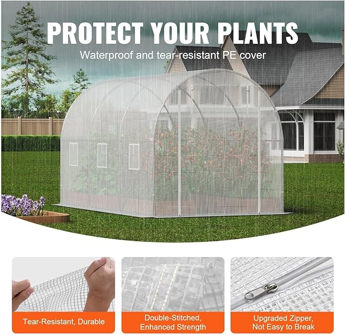 Walk-in Greenhouse 9.58x6.43x6.23ft Galvanized Steel Frame PE Cover White Hoop House for Plants Garden Tunnel Greenhouse with Windows