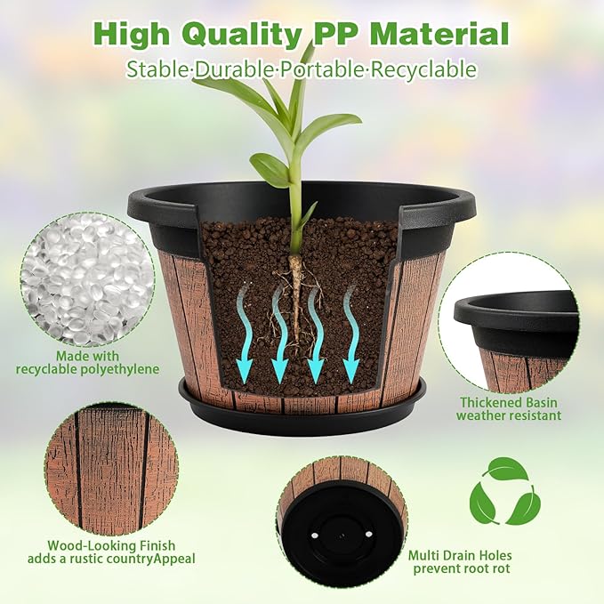 Quarut 4 Pack 10 inch Plant PotsUpgrade Whiskey Barrel Planters with Drainage Holes &amp SaucerPlastic Decoration Flower Pots Retro DesignPlanters for Outdoor Indoor Garden Home Plants (Brown)