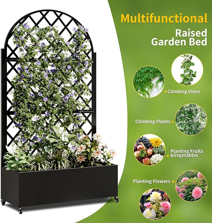 Raised Garden Bed with Trellis Metal Planter Box with Privacy Screen and Drainage Holes Planter Boxes Outdoor with 4 Wheels for Climbing Plants Vegetables Vines (Round)