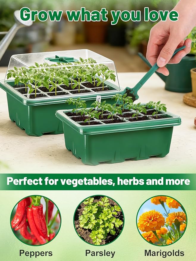 Apipi 5 Pack Seed Starter Kit with 60 Coco Coir Pellets - 60 Cell Seed Starter Trays with Domes for Indoor Greenhouse Germination Home Gardening System for Vegetables/Herbs/Flowers