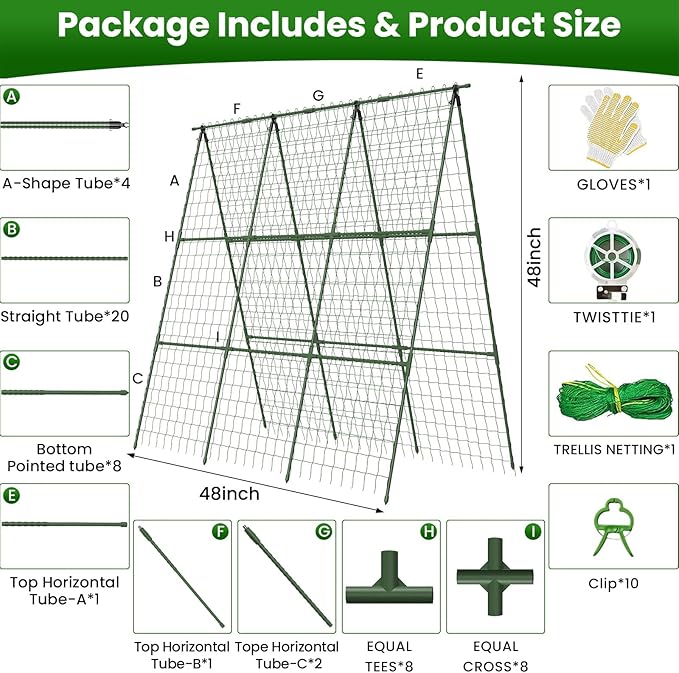 Cucumber Trellis for Raised Bed 48 L x 48 H 2 Pack A-Shape 11mm Garden Trellis for Climbing Plants Outdoor Metal Arch Trellis for Vegetables Plant Support for Tomato Pea Zucchini Grape Flowers