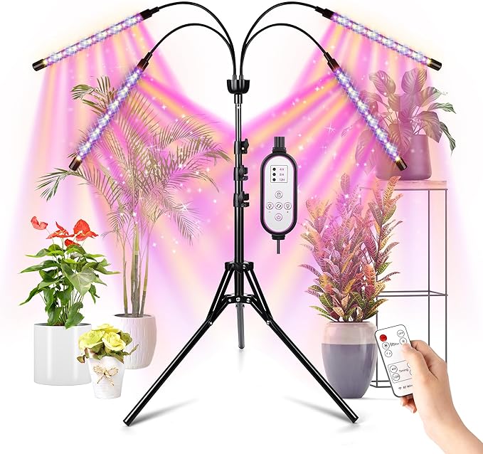 LED Grow Lights for Indoor Plants Full Spectrum with 15-63 inches Adjustable Tripod Stand Red Blue White Floor Grow Lamp with 4/8/12H Timer with Remote Control