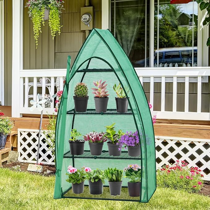 EAGLE PEAK 4-Tier Mini Greenhouse Portable Green House with Shelves &amp Weather-Resistant PE Cover Small Greenhouse for Seedlings &amp Gardening Gifts 35x18x63 in Clear/Green