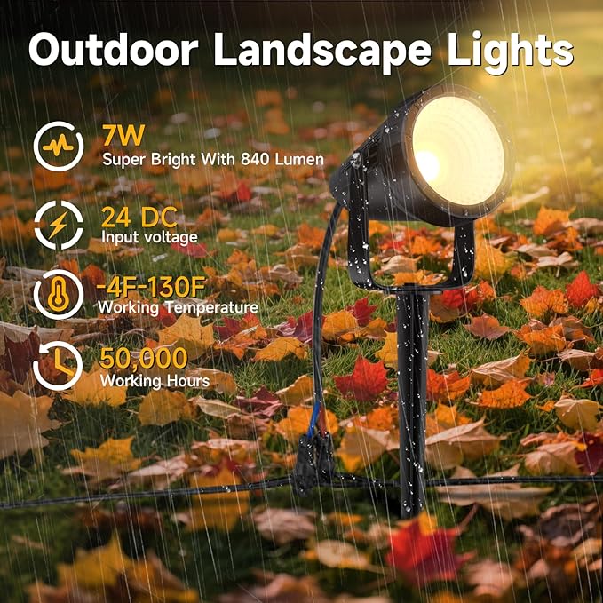 Outdoor Landscape Lighting - 12Pack Outdoor Spot Lights with Connectors &amp Transformer for Yard Plant Lawn Tree Flags House Garden Fence - 7W Warm Yellow 3000K Spotlights with IP65 Waterproof
