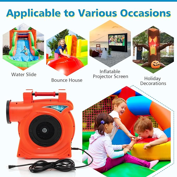 HONEY JOY Commercial Air Blower 2HP/1500W High Power Bounce House Blower Integrated Handle Air Blower for Large Outdoor Inflatables Air Sofas Electric Pump Fan for Bouncy Castle (2HP/1500W)