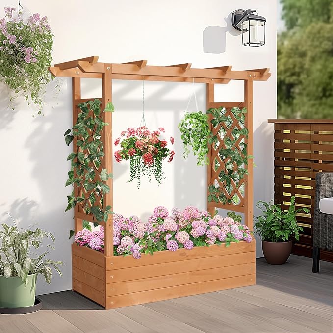 Vasitelan Raised Garden Bed with Trellis Wooden Elevated Planter Box w/Drainage Holes &amp Removable Bottom Panels for Climbing Vine Flower Indoor Outdoor Wood Planter for Yard Patio