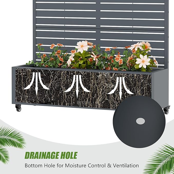 Casaphoria Metal Raised Garden Bed with Trellis and Wheels 72x47x16 Planter Box for Climbing Plants Vegetables &amp Vines Features Drainage Holes and Privacy Screen Drakgrey-Louvered
