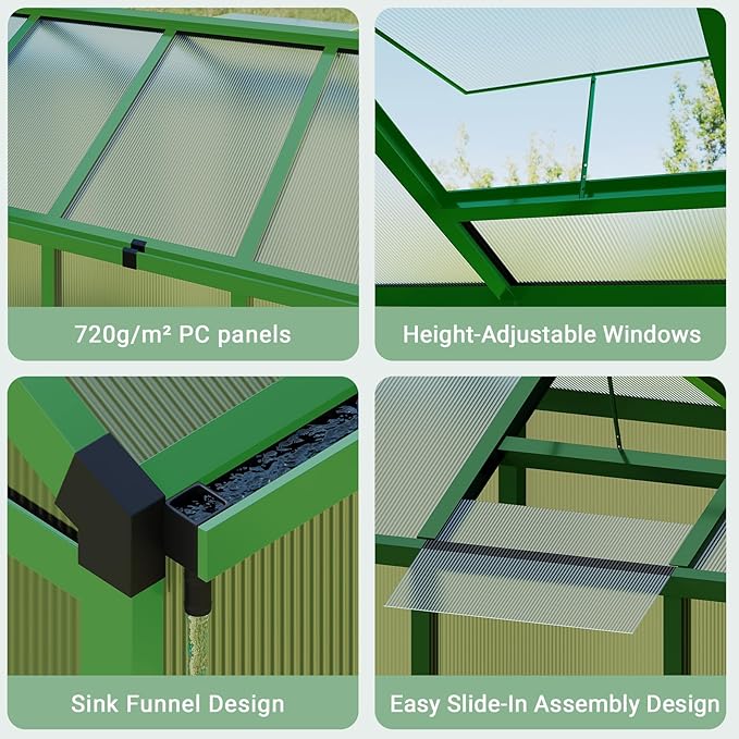 6X8 FT Greenhouse Polycarbonate Garden Greenhouse for OutdoorsAluminum Frame Green House with Lockable Door and Adjustable Roof Vent Ideal for Backyard Patio and Outside Growing