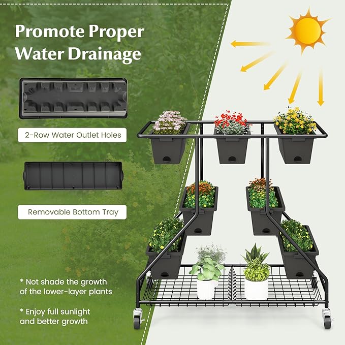 Giantex Rolling Raised Garden Bed w/ 7 Planter Boxes Storage Baskets Drainage Holes 4 Lockable Casters 3-Tier Freestanding Elevated Planter for Strawberry Vegetable Flower Herb