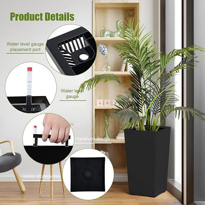 Set of 2 Large Tall Planter for Indoor or Outdoor 22 Flower Pots Tapered Tall Planters with Tray for Porch Patio Backyard Large Planters for Plants with Visual Water Level Dual Buckle Tray Black