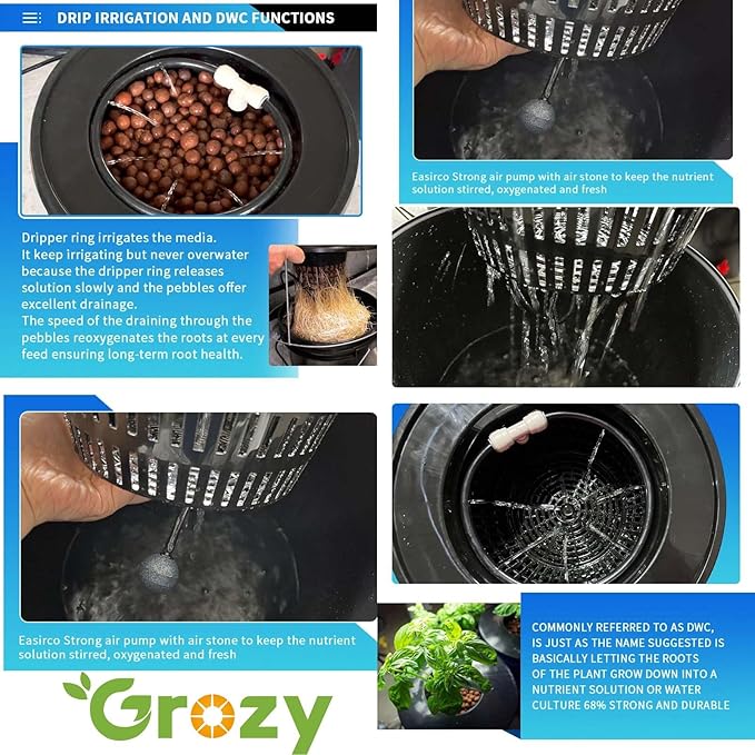 GROZY DWC Hydroponics Grow System Black Bucket Kit with Air Pump 5 Buckets 5 Gallon Each 15x12x12 Inches Indoor Growing