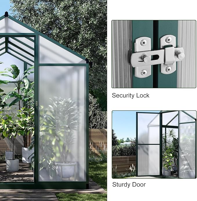 Greenhouse for Outdoors Polycarbonate Greenhouse with Quick Setup Structure and Roof Vent Aluminum Large Walk-in Greenhouse for Outside Garden Backyard (Green 10'D x 6.25'W)