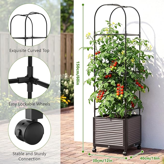 DoCred 60 H Raised Garden Bed Planter Box with Wheels 2 Pack Tomato Cage Planter Raised Garden Bed with Trellis for Climbing Vegetables Plants Tomato Cage Indoor Outdoor Use