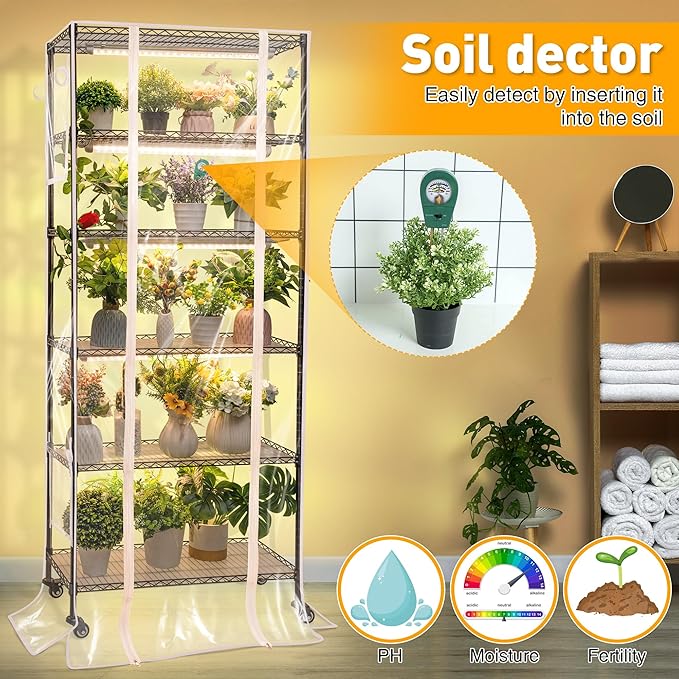Meonum Indoor Greenhouse with Grow Lights 6 Tier Metal Plant Shelf with Cover (30 x 13.8 x 70.8) 5 Pack Full Spectrum Growing Lamps for Seed Starting Grow Rack with Timer Thermometer pH Meter